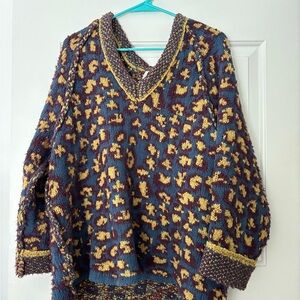 Free People Blue and Yellow Patterned Sweater